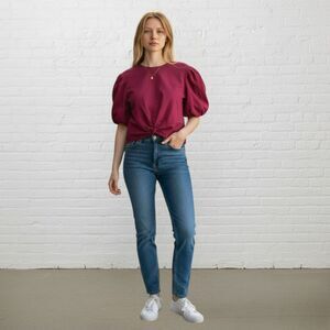 Marc New York Linen Cropped Top Size  M Hot Pink Puff Sleeve